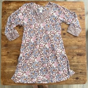 Anokhi Block Print Cotton Tunic Mini Dress Floral Pink Blue Indian Boho Lrg